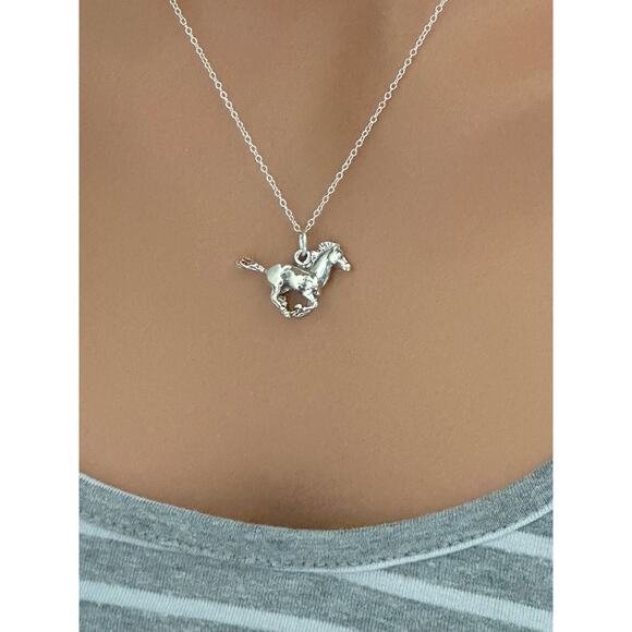 Sterling Silver Oxidized Galloping Horse Necklace,  Horse Charm Necklace - Picture 1 of 4